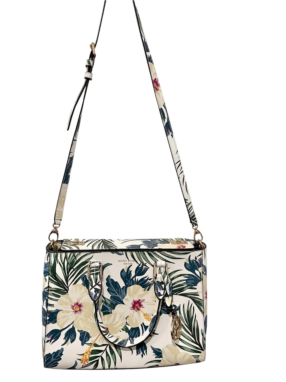 Henri Bendel Rare Tropical Floral Leather Satchel Tote Bag NEW